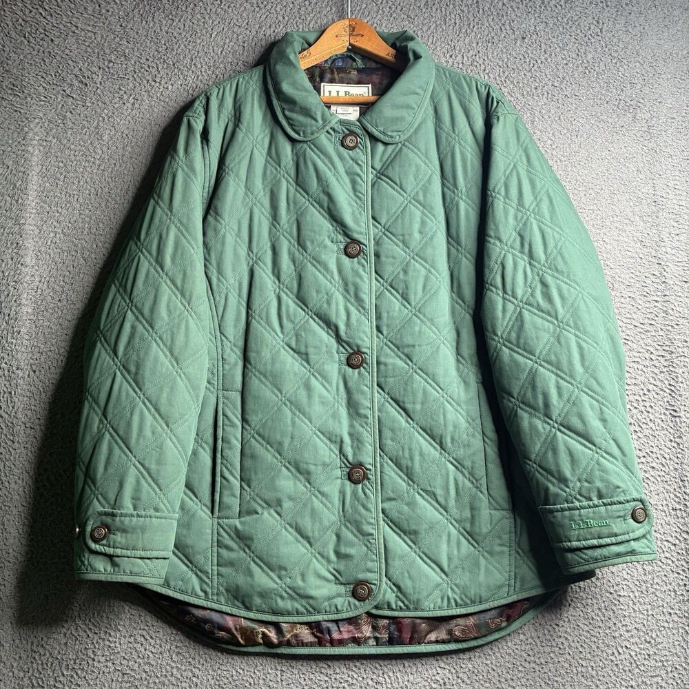 L.L. Bean Diamond Quilted Chore Jacket Coat Green Women's Large Vintage - Picture 1 of 14